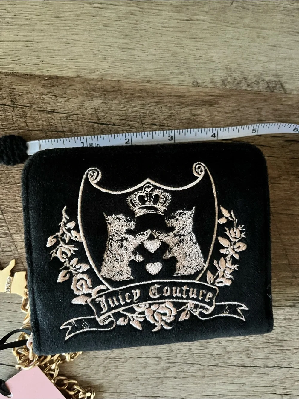 Juicy Couture Black Velour Scottie Crest Zip Around Wallet Charm Y2K Aesthetic